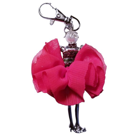 Charm Doll Purse Tassel Key Chain Necklace Pendant White Pearl Red Skirt - Picture 1 of 1